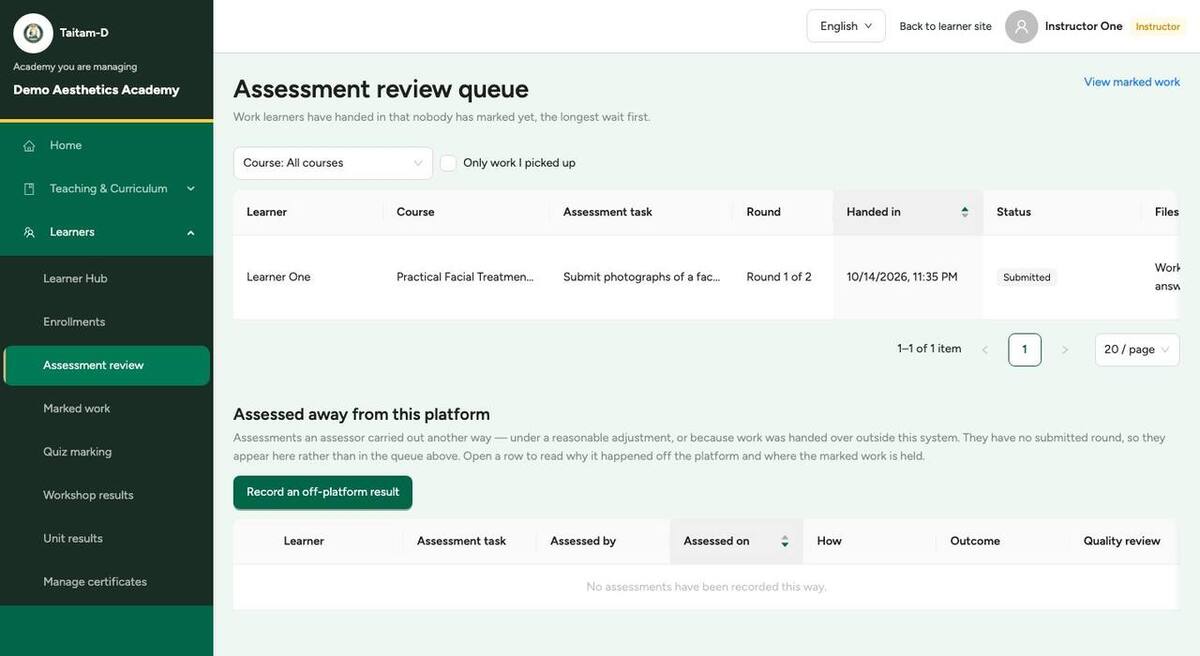 The assessor's review queue: work learners have handed in, waiting to be marked