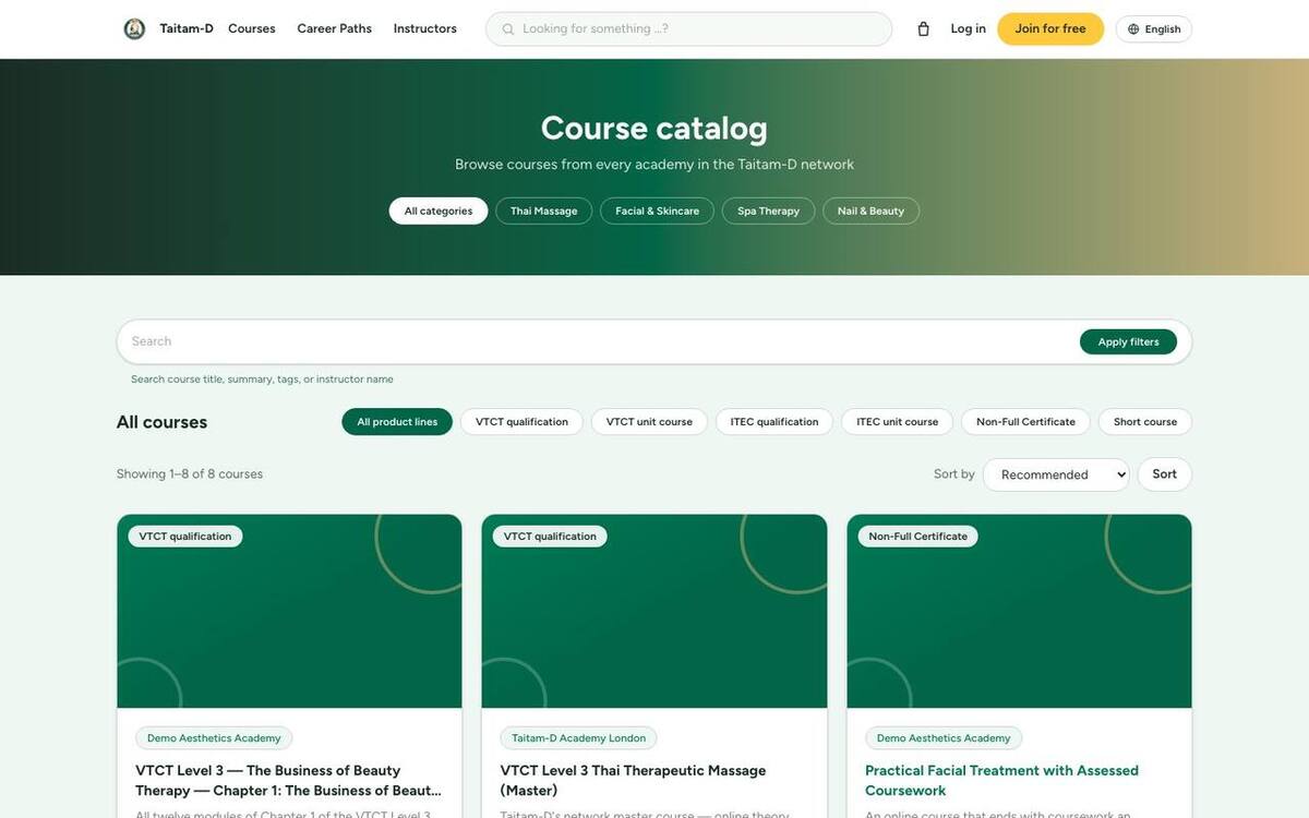 The course catalogue on Taitam-D Academy: categories, search and course cards