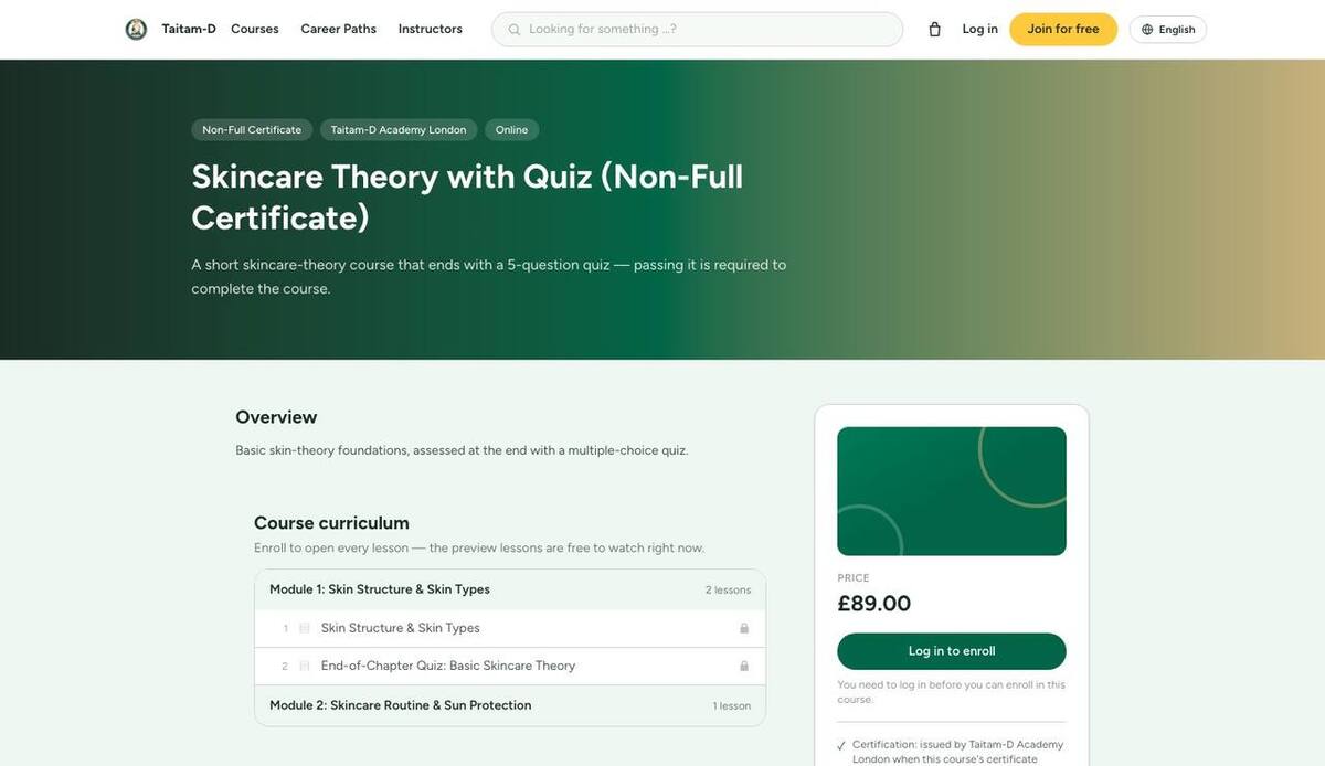 A course page on Taitam-D Academy: overview, curriculum with a quiz, price and the enrol button