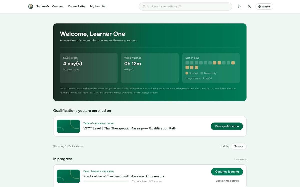 A learner's page: study streak, qualifications enrolled on and courses in progress
