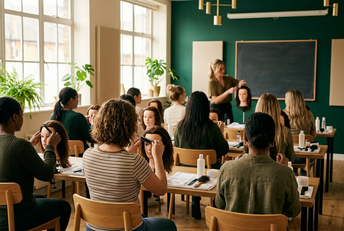 Learners practise hair and styling techniques on training heads in a bright classroom while an instructor demonstrates at the front