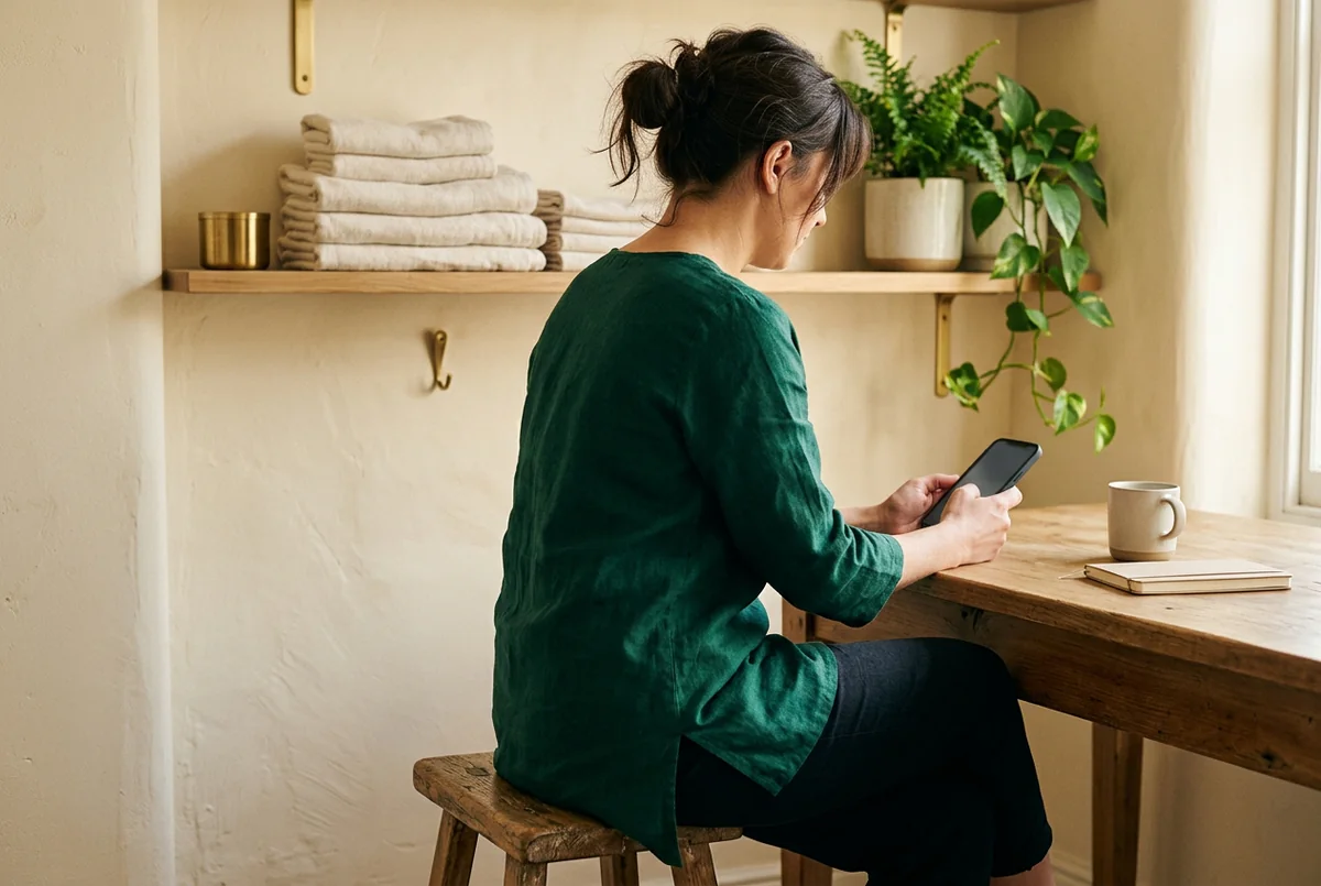 A therapist in a green tunic sits quietly in the staff area and checks her day's schedule on her phone