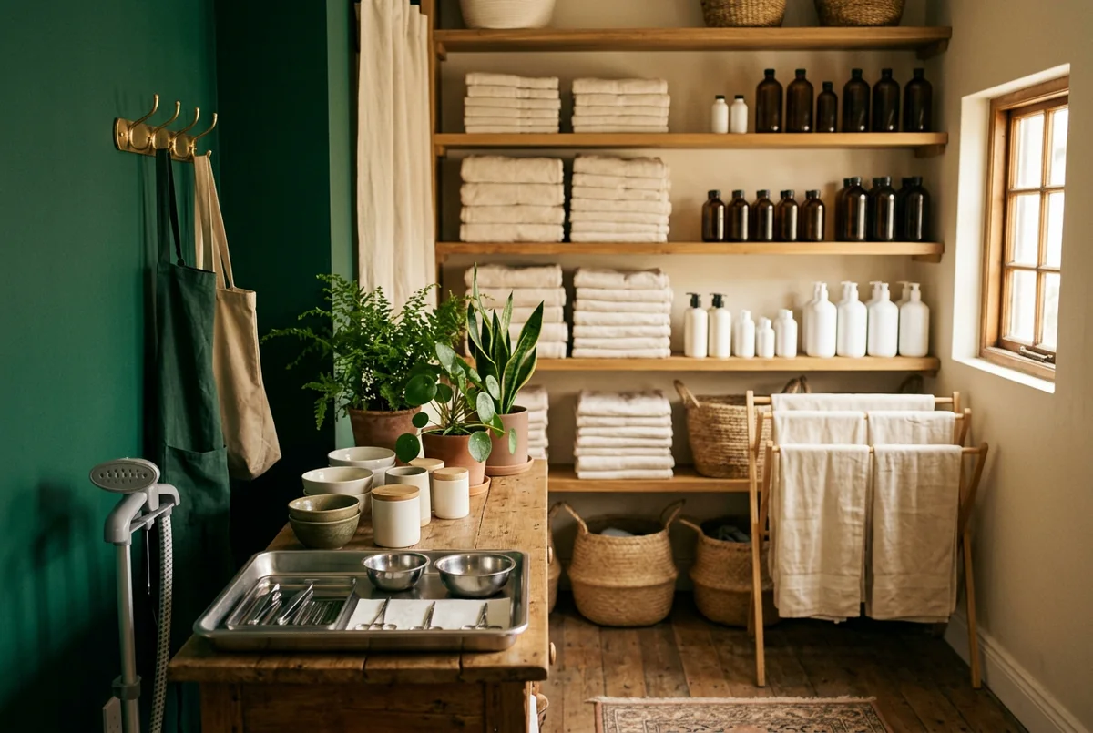 A tidy back room of the salon with shelves of folded towels and plain bottles, a drying rack, an apron on a hook and neat tools
