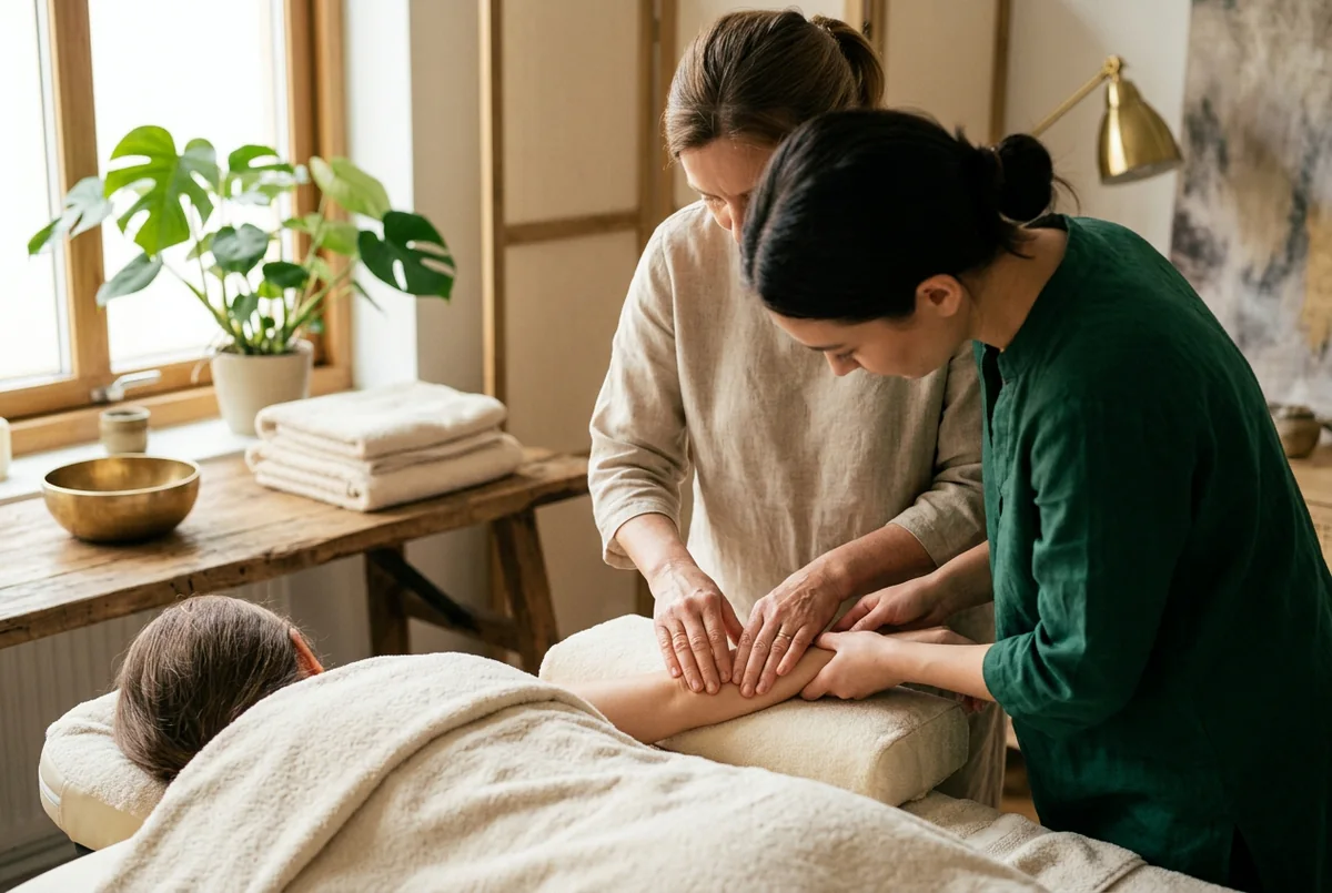 A new trainee therapist learns a hand technique beside an experienced mentor, both focused on the client's forearm