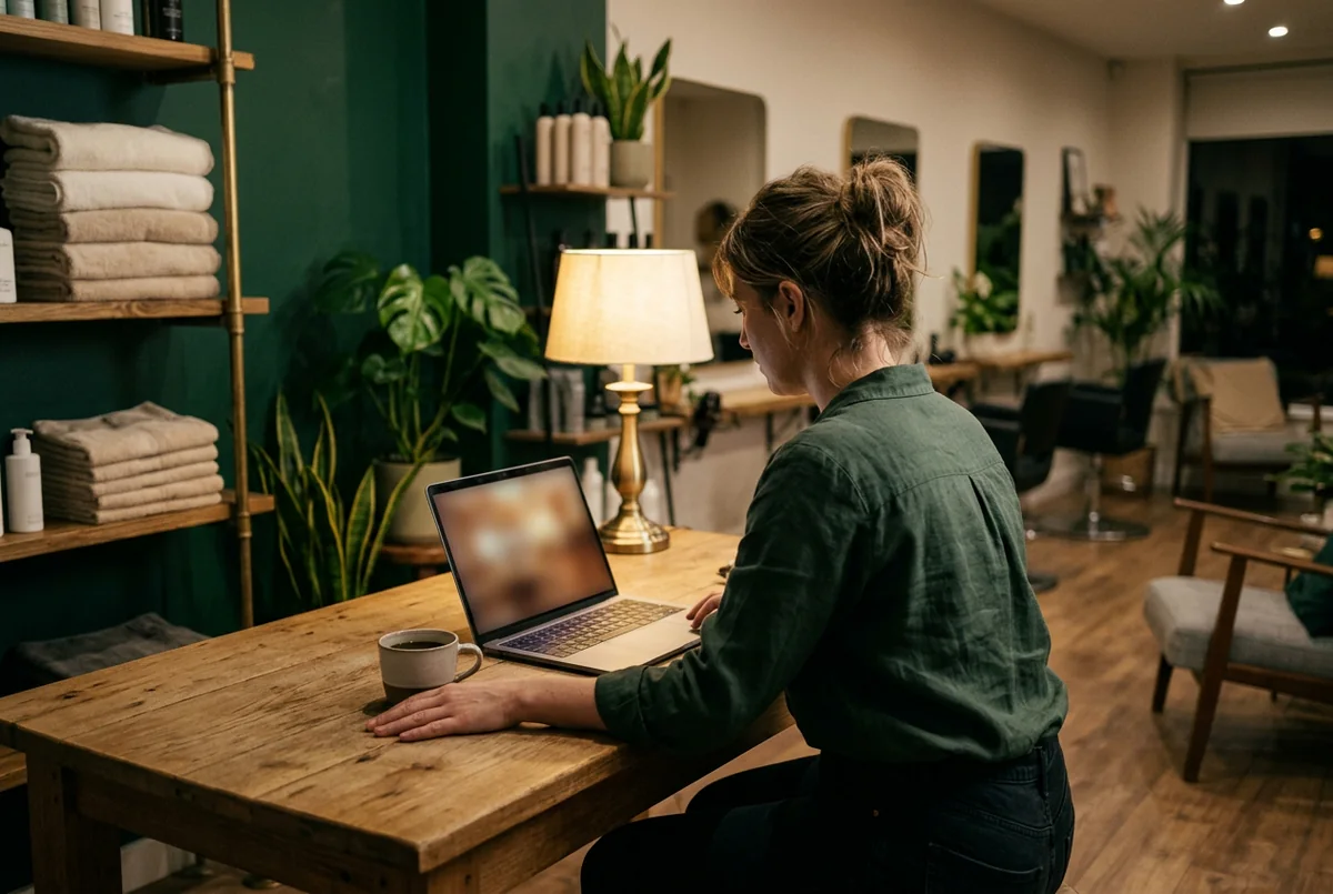 A salon owner sits at a wooden table after closing time with a cup of coffee, going through the numbers on her laptop