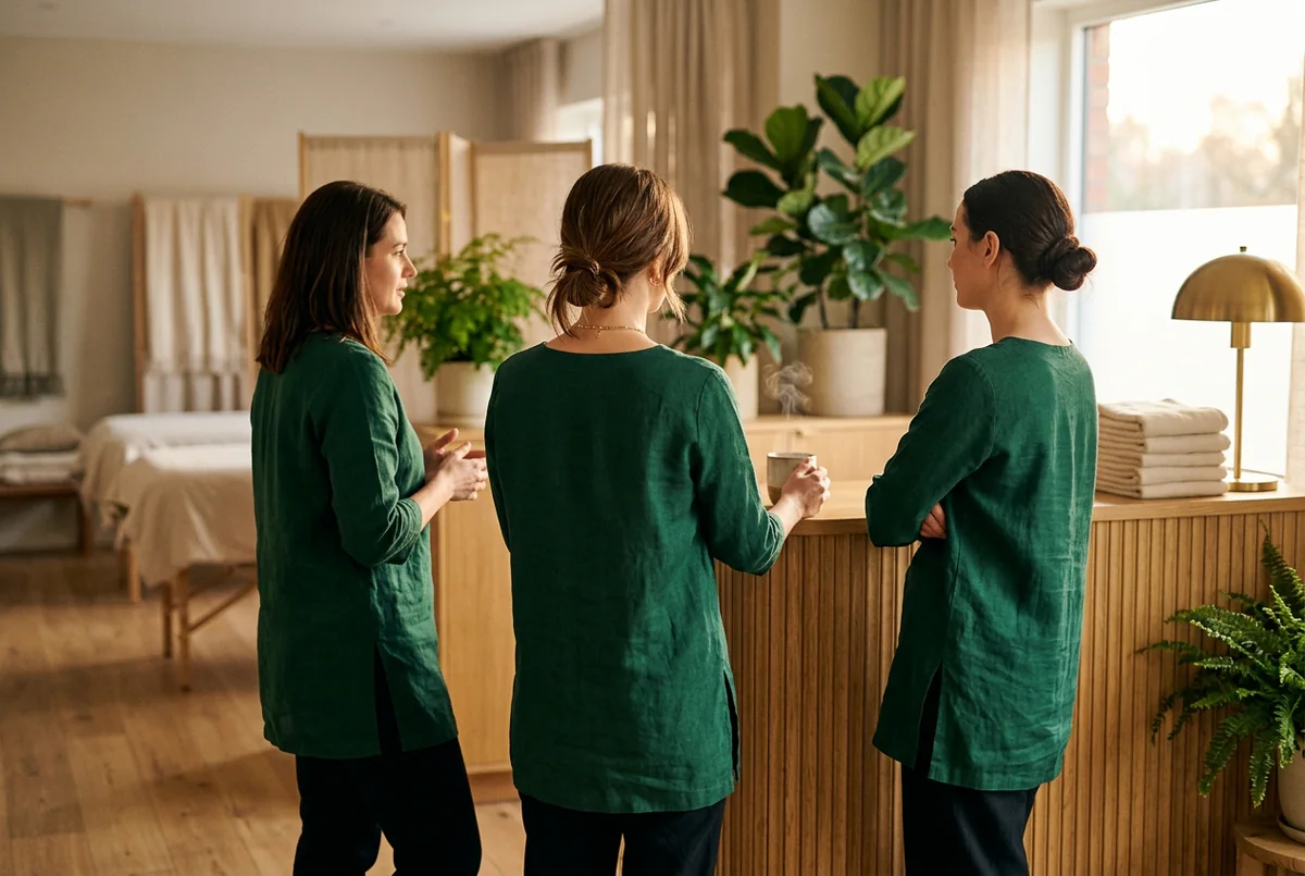 Three therapists in green tunics chat over a hot drink at the counter in the morning light before the salon opens