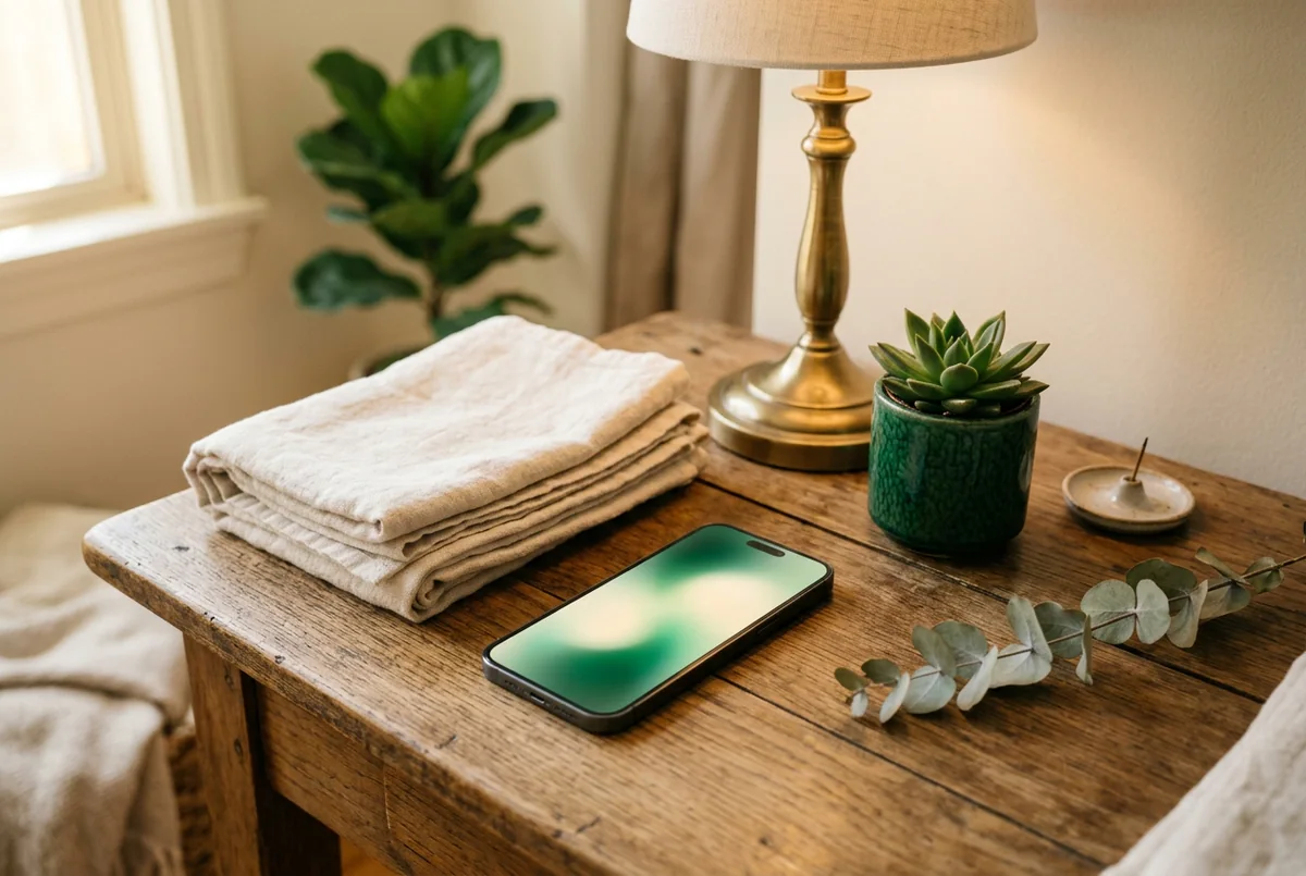 A phone with a softly blurred screen lies on a wooden table beside folded cream towels, a brass lamp and a small green plant
