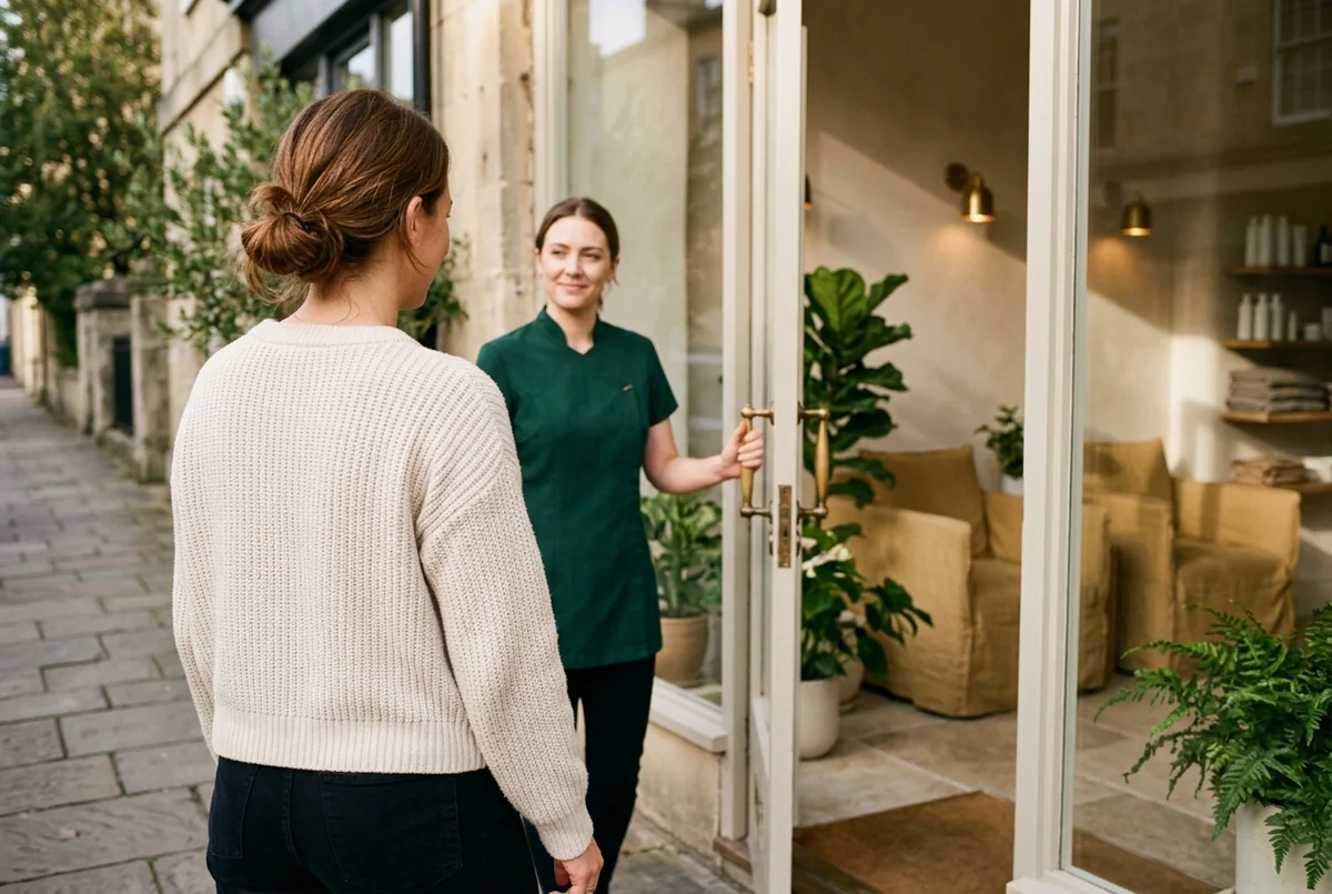 A regular client returns to her salon and is greeted with a smile by a therapist holding the door open