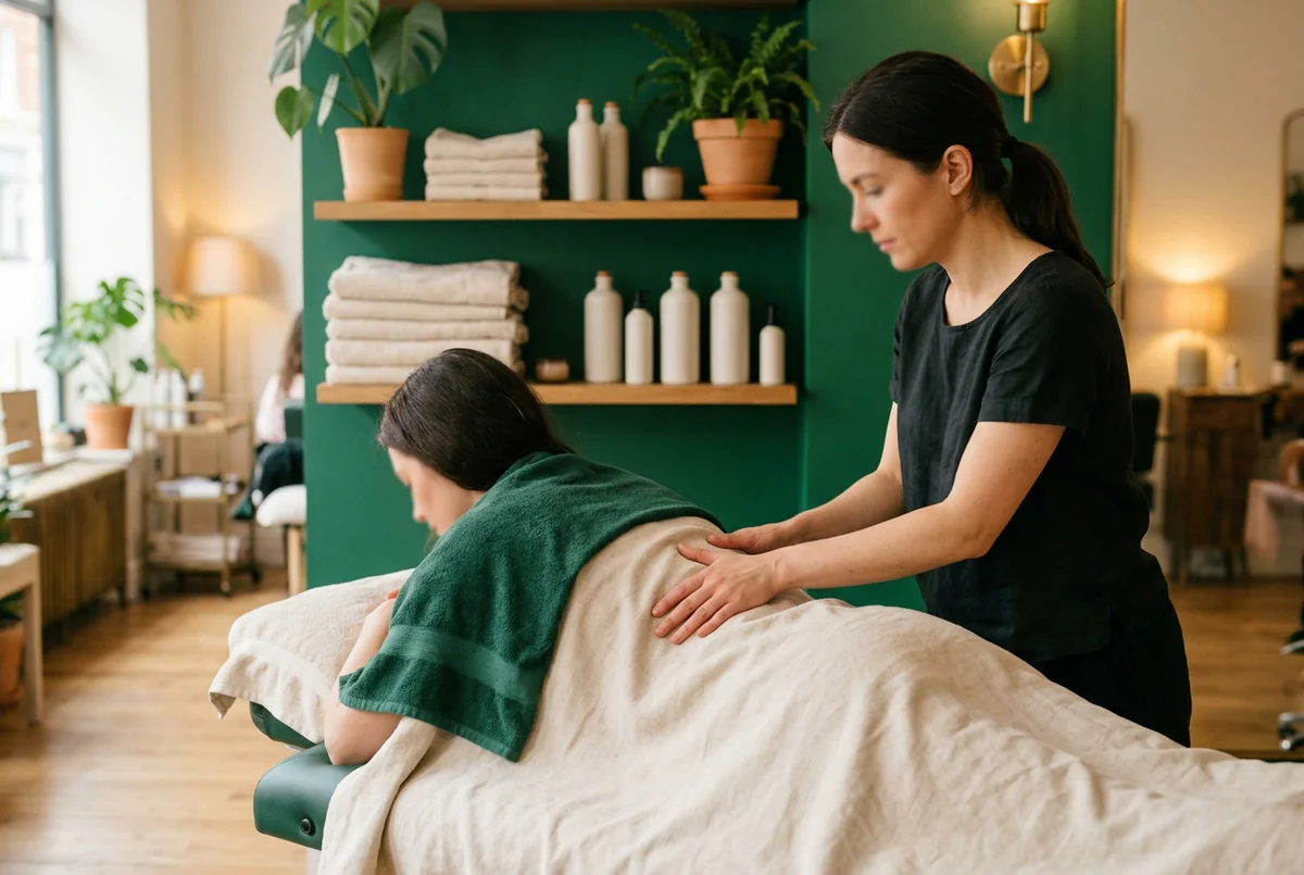 A therapist gives a client a back massage in a welcoming salon with green walls, towels and brass fittings