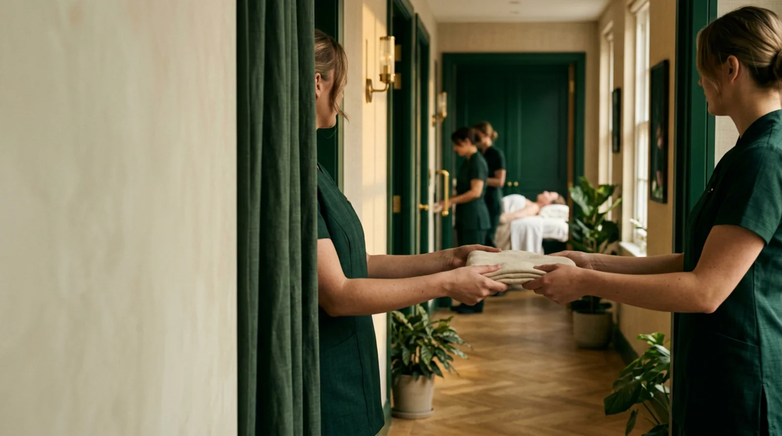 Two colleagues pass a folded cream towel to each other in a warm corridor of treatment rooms, a quiet image of one step leading to the next